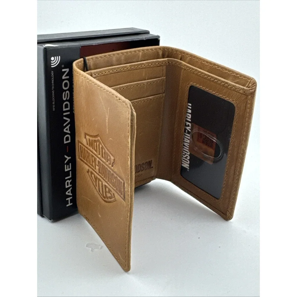 Harley-Davidson B&S Trifold Leather Wallet Tan RFID Blocking Technology